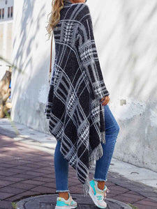 Long Sleeve Tassel Hem Geometric Pattern Cardigan