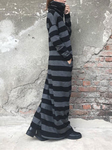 Loose Casual Turtleneck Long Sleeve Pocket Striped Maxi Dress