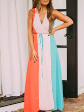 Load image into Gallery viewer, Women Holiday V-neck Color Bloack Lace-up Sleeveless Maxi Dress