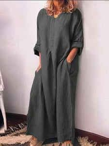 Cotton and Linen Solid Long Loose Long-Sleeved Dress