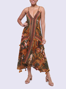 V-neck Bohemian Fringed Halter Maxi Dress