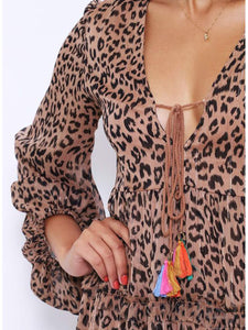 V-Neck Long Sleeve Leopard Print Waistband Maxi Dress