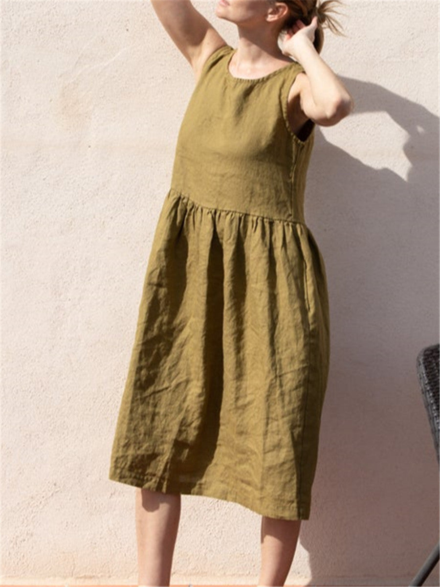 Fashion Solid Color Casual Cotton Linen Sleeveless Midi Dresses