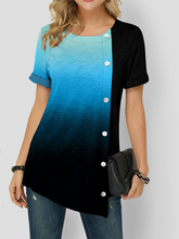 Load image into Gallery viewer, Color Gradient Asymmetric Hem Button Detail Short Sleeve T-Shirts