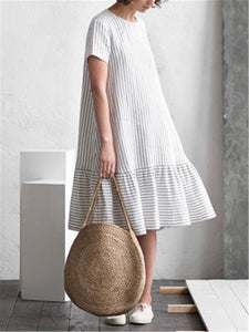 Fashion Cotton Linen Striped Stitching Loose Midi Dresses