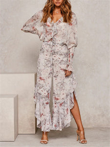 Romantic Floral Print Ruffled V Neck Sets