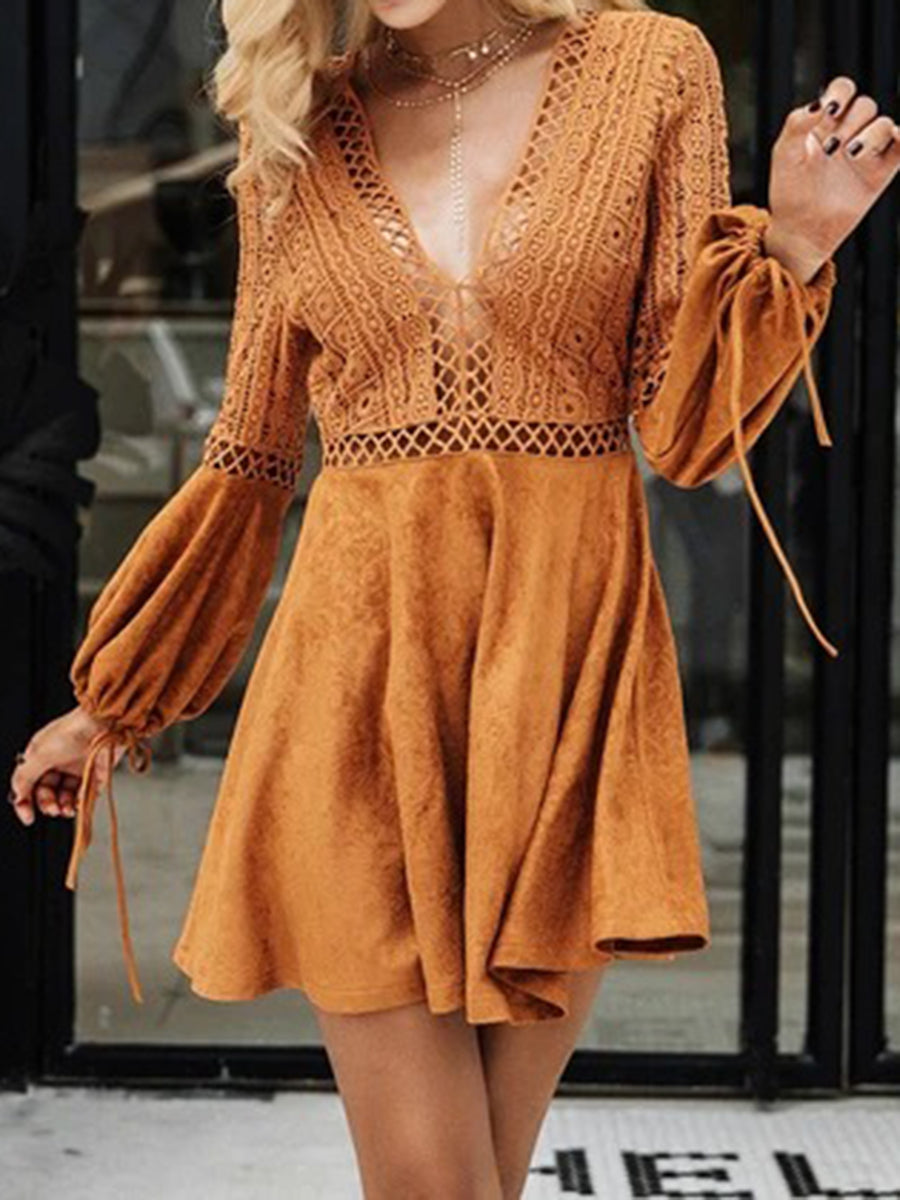 Bohemian Open Back Lace Long Bell Sleeve Mini Dress