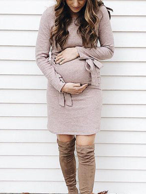 Solid Knit Lace Up Long Sleeve Round Neck Maternity Dress