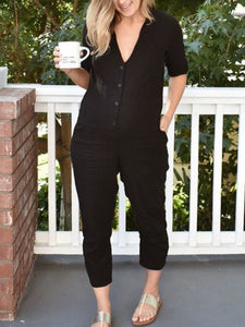 Mid-sleeved V-neck Solid Color Maternity Jumpsuit