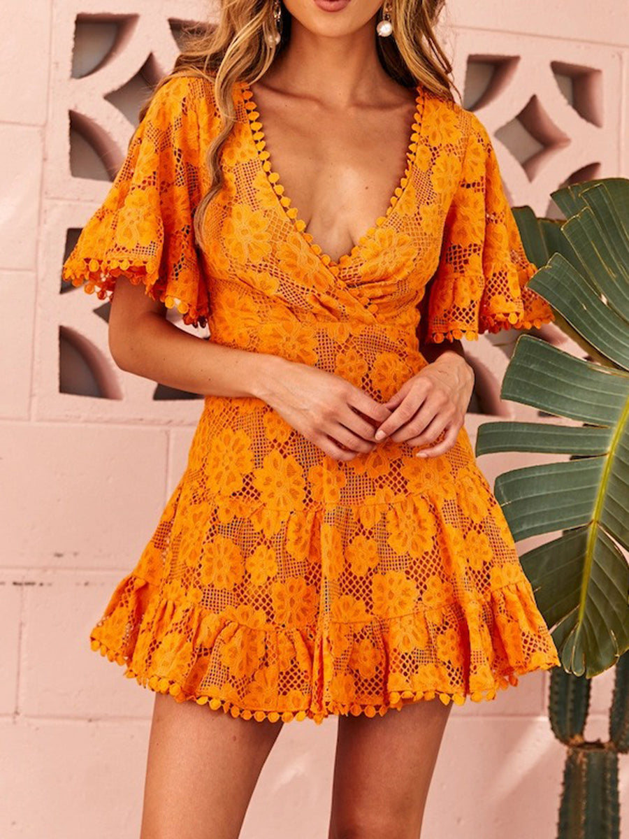 Sexy Sunset Yellow Lace Flare Sleeve Ruffle Hem Dress