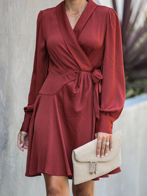 Loose Slim Dress V-neck Tie with Irregular Skirt Wrap Skirt