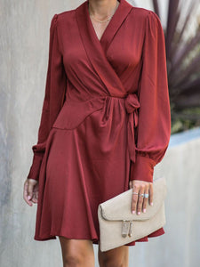 Loose Slim Dress V-neck Tie with Irregular Skirt Wrap Skirt