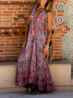 V-neck Sleeveless Loose Floral Printed Boho Maxi Dress