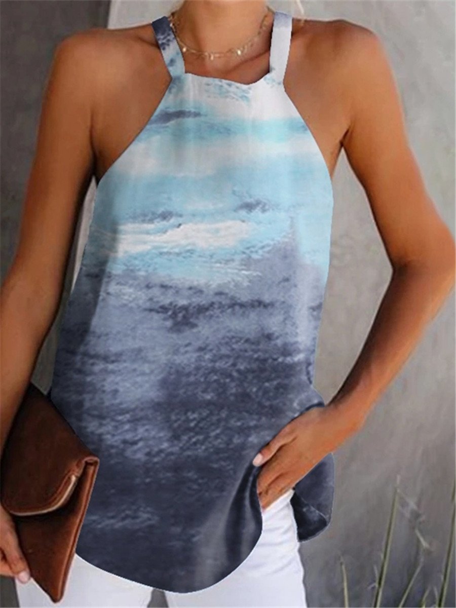 Blue Loose Casual Sholderless Halter Tank Tops