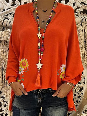 Casual V-Neck Printed Long-Sleeved Top