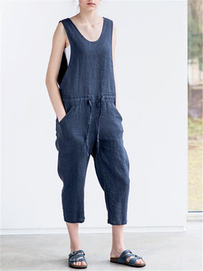 Fashionable Simple Cotton Linen Sleeveless Jumpsuits