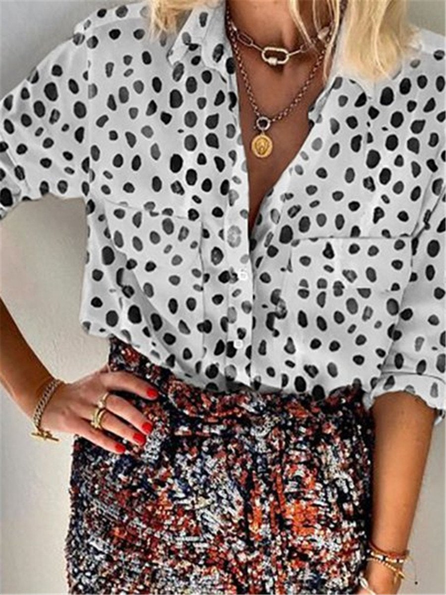 Dot Print Button Pocket Long Sleeve Blouses T-Shirts