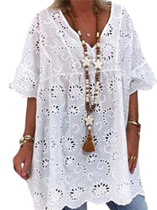 Hollow Short-sleeved Cotton Linen Top