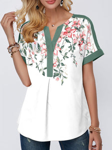 Floral Print Notch Neck Contrast Piping Blouse