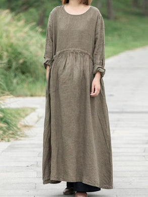 Loose Casual Pleated Cotton and Linen Solid Color Pregnant Women Dress