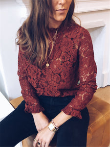 Sexy Hollow Half-High Neck Long Sleeve Blouse