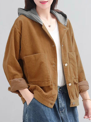 Solid Color Corduroy Hooded Loose Casual Coats