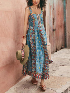 Vintage Sling Print Dress Sleeveless Boho Maxi Dress