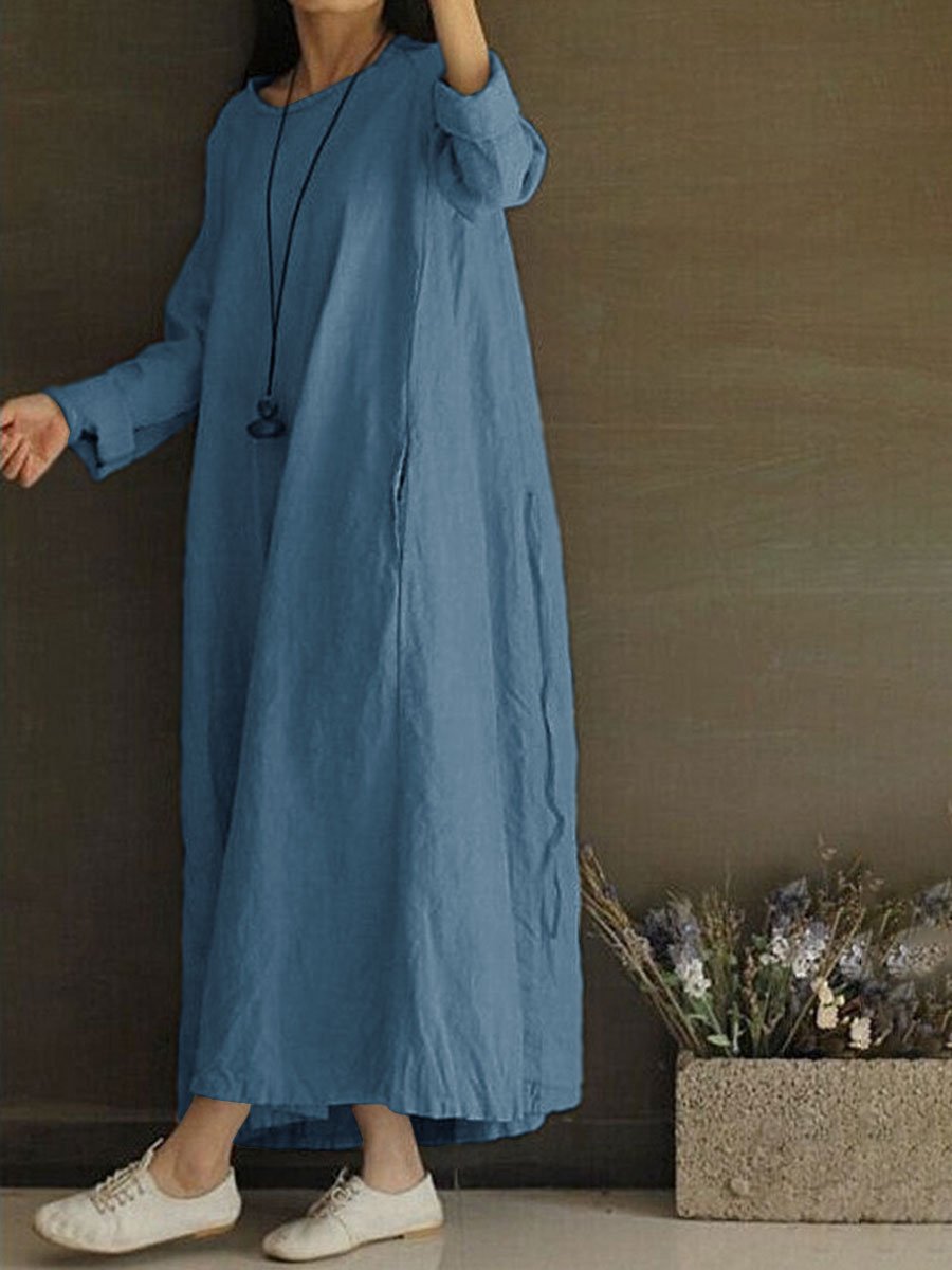 Loose Long Sleeve Long Round Neck Dress