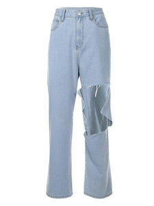 Irregular Knee Ripped High Waisted Jeans Pants