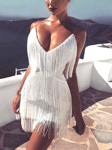 Sexy Nightclub Tassel Stitching Backless Dress Skirt Deep V-neck Dress