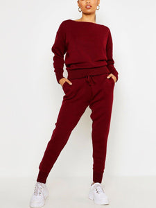 Loose Casual Pocket Long Sleeve Top Pants Knit Set