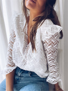 Sexy Openwork Lace V-Neck Shirt