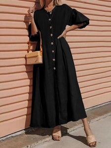 Solid Color Casual Middle Sleeve Button Puff Sleeve Maxi Dress