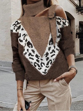 Vintage High Collar Printed Color Sloping Shoulder Sweater