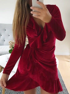 V-neck Ruffled Irregular Long-sleeved Mini Dress