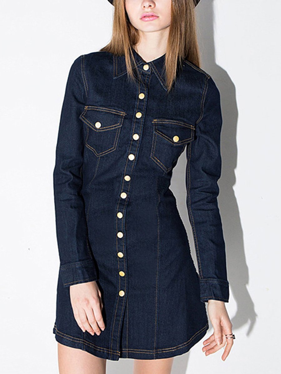 Stand-Up Single-Breasted Denim Fashion Slim Dress