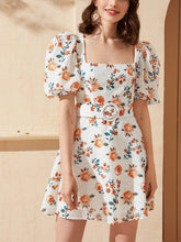 Load image into Gallery viewer, Puff Sleeve Floral Print Belted Schiffy Mini Dress