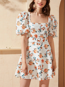 Puff Sleeve Floral Print Belted Schiffy Mini Dress