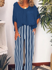 Simple Casual Loose Top Striped Pants Set