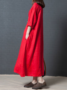 Linen Loose Fashion Solid Color Pleated Long Sleeve Dress