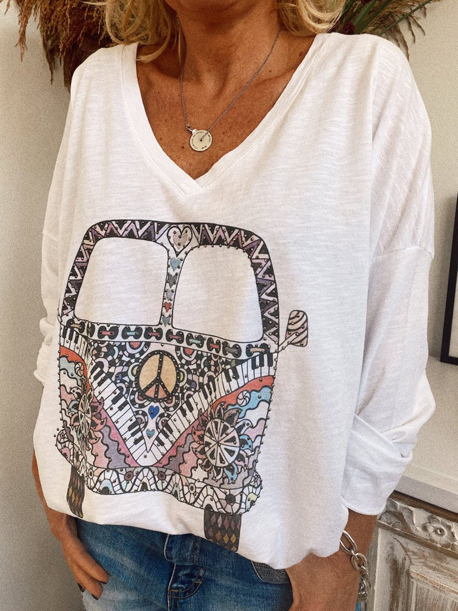 Printed V-Neck Long Sleeve T-Shirt