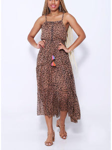 Halter Ruffle Waist Leopard Print Maxi Dress