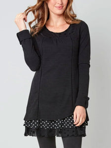 High-necked Dot Print Stitching Sleeve Long-sleeved Long T-shirt