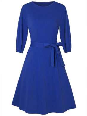 Round Neck Solid Color Waist Long Sleeve Dress with Belt