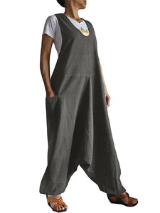 Pure Color Sleeveless Loose Casual Jumpsuit Overalls With Pockets