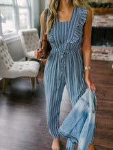 Load image into Gallery viewer, Women Ruffle Detail Lace Up Navy Striped Jumpsuit