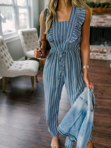 Women Ruffle Detail Lace Up Navy Striped Jumpsuit