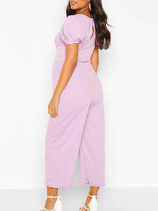 Solid Color Casual Maternity Puff Sleeve Culotte Jumpsuit