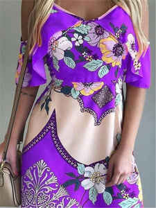 V Neck Off Shoulder Ethnic Print Mini Dress