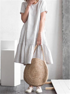 Fashion Cotton Linen Striped Stitching Loose Midi Dresses